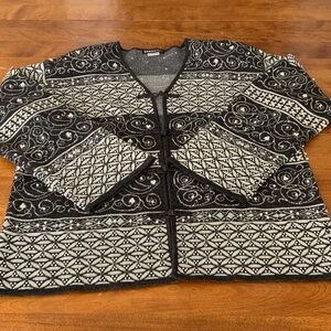 Elegant Grey and White Cardigan Patterned with Varying Sizes of Pearls.